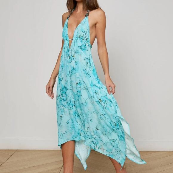 L'Agence Umma Cover Up Dress Turquoise Marble Print Handkerchief Hem Size S NEW - Picture 1 of 13